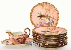 11 Piece Antique Limoges Porcelain Hand Painted Fish Serving Plate Gravy Boat Sg