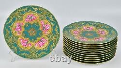 12 Copeland Jeweled Porcelain Plates Hand Painted Roses Raised Enamel and Gold