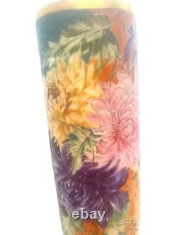 12 Cylinder Limoges France Chrysanthemum Hand Painted Vase