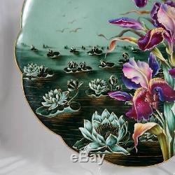 14 French Limoges Hand Painted Porcelain Plate Charger Iris & Lotus Flowers