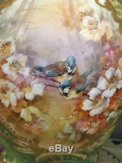 + 1890s BAYEUX PORCELAIN VASE! SIGNED! HAND-PAINTED BIRDS & FOREST! SEVRES GOLD+