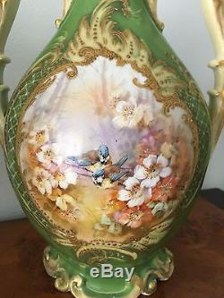 + 1890s BAYEUX PORCELAIN VASE! SIGNED! HAND-PAINTED BIRDS & FOREST! SEVRES GOLD+