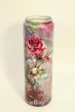1912 Antique Bellek Willets Porcelain 16 Hand Painted Rose Vase Signed Frazier