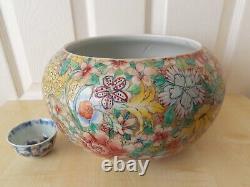 19th/20th Century Chinese Famille Rose Mille Fleurs Large Bowl/Brush Bowl, Marked