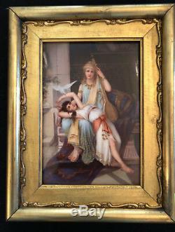 19th C KPM Hand Painted Porcelain Signed Scenic Plaque of Two Woman with a Dove