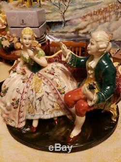 19th C. VOLKSTEDT DRESDEN ITALY PORCELAIN SEETING COUPLE, HAND PAINTED MASSIVE
