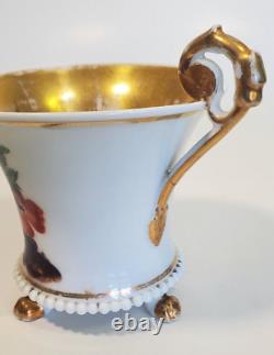 19th Century Old Paris Porcelain French Tri Footed Cup Gilt Hand Painted Florals