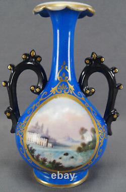 19th Century Old Paris Porcelain Hand Painted Castle Waterfall Cobalt Gold Vase