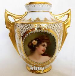 19th Century Royal Vienna Hand Painted Porcelain Two Handle Jeweled Vase