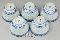 19th FINE QUALITY Chinese Qing 5pcs Blue and White Porcelain Rice Grain Tea Cups