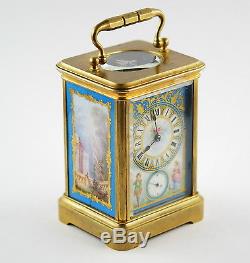 19th c. A. Dumas French gilt, handpainted, porcelain, brass carriage alarm clock