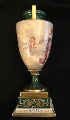 19th c Royal Vienna Hand Painted and Artist Signed Porcelain Urn Vase with Lidd