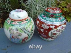 2 Chinese Famille verte hand painted Ginger jars hand painted