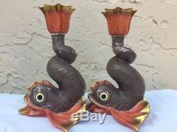 2 Hand Painted Herend Hungary Koi Dolphin Porcelain Candle Holders 7532