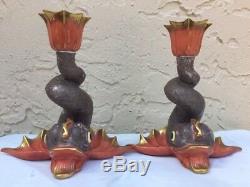 2 Hand Painted Herend Hungary Koi Dolphin Porcelain Candle Holders 7532