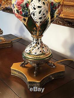 2 Italian Capodimonte Table Lamps Capo di Monte Gold Gilt Hand Painted Porcelain