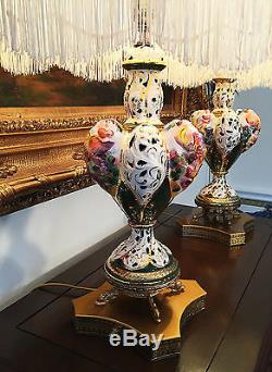 2 Italian Capodimonte Table Lamps Capo di Monte Gold Gilt Hand Painted Porcelain