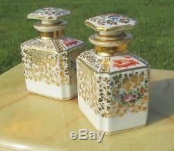 2 Porcelain Set Flacons a Paris Chinoiserie Gilded Flowers gold handpainted