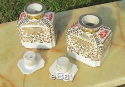 2 Porcelain Set Flacons a Paris Chinoiserie Gilded Flowers gold handpainted