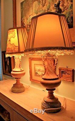 2 Vintage Hand Painted Porcelain Rose Floral Urn Table Lamp, Gold Trim