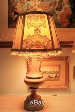 2 Vintage Hand Painted Porcelain Rose Floral Urn Table Lamp, Gold Trim
