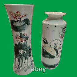 2 Vintage Unique Chinese Republic Tall Vases Bueatifully Hand painted withMarks