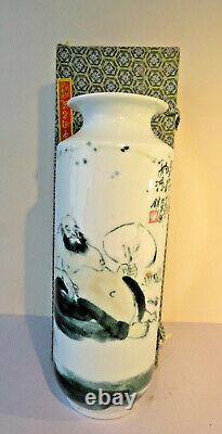 2 Vintage Unique Chinese Republic Tall Vases Bueatifully Hand painted withMarks