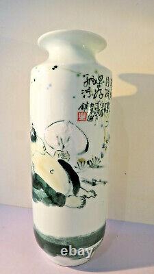 2 Vintage Unique Chinese Republic Tall Vases Bueatifully Hand painted withMarks