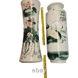 2 Vintage Unique Chinese Republic Tall Vases Bueatifully Hand painted withMarks