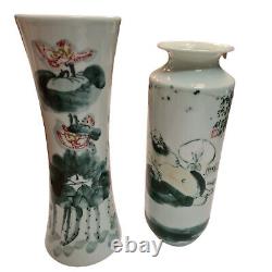 2 Vintage Unique Chinese Republic Tall Vases Bueatifully Hand painted withMarks