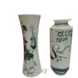 2 Vintage Unique Chinese Republic Tall Vases Bueatifully Hand painted withMarks