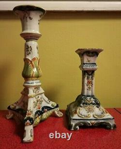 2 hand painted French Faience pottery candlesticks vintage