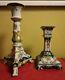 2 Hand Painted French Faience Pottery Candlesticks Vintage