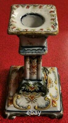 2 hand painted French Faience pottery candlesticks vintage