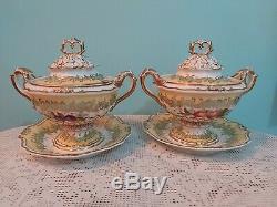 2 x Antique English Porcelain hand painted fruits pattern Tureens lidded