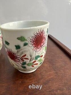 2 x Chinese Antique Porcelain Famille Rose Flowers Tea cup Qianlong Period