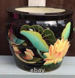 20th Century Floor Jardinière Chinese Ceramic Planter Birds Lotus Fish Bowl