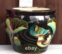 20th Century Floor Jardinière Chinese Ceramic Planter Birds Lotus Fish Bowl