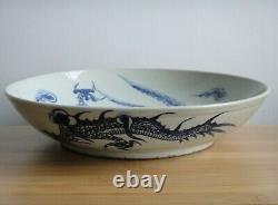 27cm. Chinese Antique DRAGON Porcelain Blue and White Ceramic Plate Handpainted