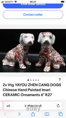 2x Vtg YAYOU ZHEN CANG DOGS Chinese Hand Painted Imari CERAMIC