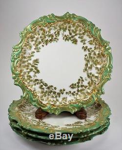 4 T&V Limoges Hand Painted Porcelain Cabinet Plates Green Gold Foliage Pretty