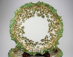 4 T&V Limoges Hand Painted Porcelain Cabinet Plates Green Gold Foliage Pretty