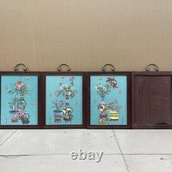 4pcs Chinese Antique Painting On Porcelain Panels Flowers Plaque Old Wood Frame