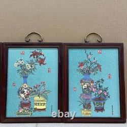 4pcs Chinese Antique Painting On Porcelain Panels Flowers Plaque Old Wood Frame