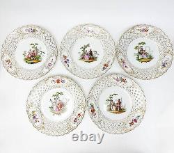 5 Meissen Germany Hand Painted Reticulated Porcelain Plates Courting Scenes