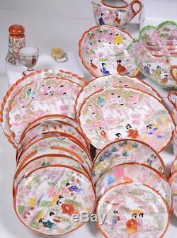 56 Pieces of Antique Hand-painted Japanese Kutani Porcelain China Geisha Motif