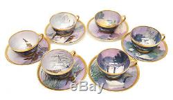 6 Dresden Ambrosius Lamm Hand Painted Porcelain Cup & Saucers, c1900. Birds