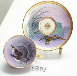 6 Dresden Ambrosius Lamm Hand Painted Porcelain Cup & Saucers, c1900. Birds