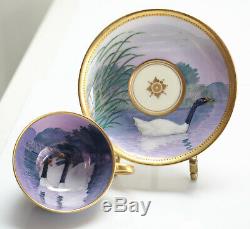 6 Dresden Ambrosius Lamm Hand Painted Porcelain Cup & Saucers, c1900. Birds