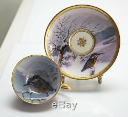 6 Dresden Ambrosius Lamm Hand Painted Porcelain Cup & Saucers, c1900. Birds